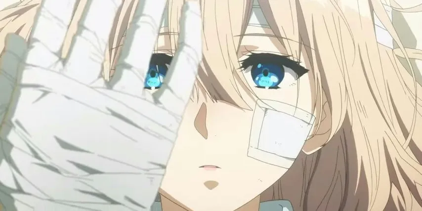 Violet Evergarden getting up and looking her hand